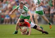 21 July 2013; Kevin McLoughlin, Mayo, in action against Lorcan Mulvey, London. Connacht GAA Football Senior Championship Final, Mayo v London, Elverys MacHale Park, Castlebar, Co. Mayo. Picture credit: Stephen McCarthy / SPORTSFILE