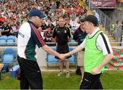21 July 2013; Mayo manager James Horan and London manager Paul Coggins shake hands ahead of the game. Connacht GAA Football Senior Championship Final, Mayo v London, Elverys MacHale Park, Castlebar, Co. Mayo. Picture credit: Stephen McCarthy / SPORTSFILE