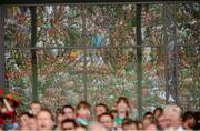 21 July 2013; Mayo supporters, on the pitch, are reflected in the glass panels covering the press box. Connacht GAA Football Senior Championship Final, Mayo v London, Elverys MacHale Park, Castlebar, Co. Mayo. Picture credit: Ray McManus / SPORTSFILE