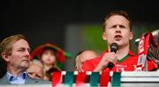 21 July 2013; An Taoiseach, Enda Kenny T.D., listens as Mayo captain Andy Moran makes a speech after accepting the Nestor Cup. Connacht GAA Football Senior Championship Final, Mayo v London, Elverys MacHale Park, Castlebar, Co. Mayo. Picture credit: Ray McManus / SPORTSFILE