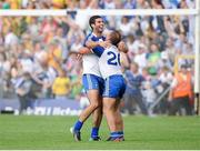 21 July 2013; Neil McAdam, left, and Padraig Donaghy, Monaghan, celebrate at the final whistle. Ulster GAA Football Senior Championship Final, Donegal v Monaghan, St Tiernach's Park, Clones, Co. Monaghan. Picture credit: Daire Brennan / SPORTSFILE