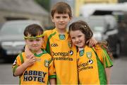 21 July 2013; The Kelly family from Raphoe, Co. Donegal, left to right, Tiernan, aged 2, Oran, aged 6, and Cl’ona, aged 4, on their way to the game. Ulster GAA Football Senior Championship Final, Donegal v Monaghan, St Tiernach's Park, Clones, Co. Monaghan. Picture credit: Daire Brennan / SPORTSFILE