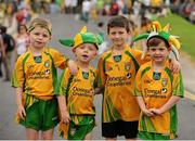 21 July 2013; Donegal supporters from Rossnowlagh, Co. Donegal, left to right, Liam Doogan, aged 6, Finn Doogan, aged 4, Eoin Doogan, aged 7, and Max Roper, aged 5. Ulster GAA Football Senior Championship Final, Donegal v Monaghan, St Tiernach's Park, Clones, Co. Monaghan. Picture credit: Daire Brennan / SPORTSFILE