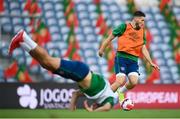 31 August 2021; Matt Doherty and John Egan, left, during a Republic of Ireland training session at Estádio Algarve in Faro, Portugal. Photo by Stephen McCarthy/Sportsfile