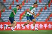 31 August 2021; Adam Idah and Ryan Manning, left, during a Republic of Ireland training session at Estádio Algarve in Faro, Portugal. Photo by Stephen McCarthy/Sportsfile