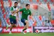 31 August 2021; Seamus Coleman and Troy Parrott, left, during a Republic of Ireland training session at Estádio Algarve in Faro, Portugal. Photo by Stephen McCarthy/Sportsfile