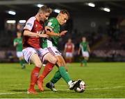 27 August 2021; Beineón O'Brien-Whitmarsh of Cork City in action against Ian Bermingham of St Patrick's Athletic during the extra.ie FAI Cup Second Round match between Cork City and St Patrick's Athletic at Turner's Cross in Cork. Photo by Piaras Ó Mídheach/Sportsfile