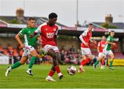 27 August 2021; James Abankwah of St Patrick's Athletic in action against Beineón O'Brien-Whitmarsh of Cork City during the extra.ie FAI Cup Second Round match between Cork City and St Patrick's Athletic at Turner's Cross in Cork. Photo by Piaras Ó Mídheach/Sportsfile