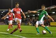27 August 2021; Barry Coffey of Cork City in action against Shane Griffin of St Patrick's Athletic during the extra.ie FAI Cup Second Round match between Cork City and St Patrick's Athletic at Turner's Cross in Cork. Photo by Piaras Ó Mídheach/Sportsfile