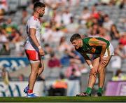 28 August 2021; David Clifford of Kerry reacts after picking up an injury during the GAA Football All-Ireland Senior Championship semi-final match between Kerry and Tyrone at Croke Park in Dublin. Photo by Piaras Ó Mídheach/Sportsfile