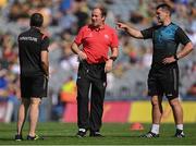 28 August 2021; Tyrone joint-managers Brian Dooher, left, and Feargal Logan, centre, with Tyrone strength and conditioning coach Peter Donnelly before the GAA Football All-Ireland Senior Championship semi-final match between Kerry and Tyrone at Croke Park in Dublin. Photo by Piaras Ó Mídheach/Sportsfile