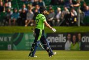 1 September 2021; Kevin O’Brien of Ireland walks after being caught out by Craig Ervine of Zimbabwe during match three of the Dafanews T20 series between Ireland and Zimbabwe at Bready Cricket Club in Magheramason, Tyrone. Photo by Harry Murphy/Sportsfile