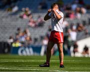 28 August 2021; Conor Ownes of Tyrone reacts after kicking a wide from a free-kick in injury-time during the Electric Ireland GAA Football All-Ireland Minor Championship Final match between Meath and Tyrone at Croke Park in Dublin. Photo by Piaras Ó Mídheach/Sportsfile