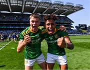 28 August 2021; Meath players Josh Harford, left, and Seán Emmanuel celebrate after their side's victory in the Electric Ireland GAA Football All-Ireland Minor Championship Final match between Meath and Tyrone at Croke Park in Dublin. Photo by Piaras Ó Mídheach/Sportsfile