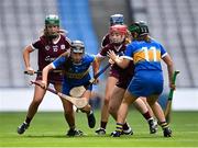 29 August 2021; Grace O'Brien of Tipperary in action against Catherine Finnerty, left, and Catríona Cormican of Galway during the All-Ireland Senior Camogie Championship Semi-Final match between Tipperary and Galway at Croke Park in Dublin. Photo by Piaras Ó Mídheach/Sportsfile