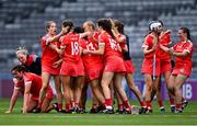 29 August 2021; Cork players celebrate their victory in the All-Ireland Senior Camogie Championship Semi-Final match between Cork and Kilkenny at Croke Park in Dublin. Photo by Piaras Ó Mídheach/Sportsfile