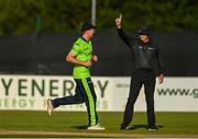 1 September 2021; Shane Getkate of Ireland celebrates the winning wicket during match three of the Dafanews T20 series between Ireland and Zimbabwe at Bready Cricket Club in Magheramason, Tyrone. Photo by Harry Murphy/Sportsfile