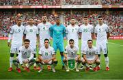1 September 2021; The Republic of Ireland team, back row, from left, Adam Idah, Jeff Hendrick, Shane Duffy, Gavin Bazunu, Matt Doherty, Dara O'Shea and John Egan. Front row, from left, Aaron Connolly, Jamie McGrath, Seamus Coleman and Josh Cullen before the FIFA World Cup 2022 qualifying group A match between Portugal and Republic of Ireland at Estádio Algarve in Faro, Portugal. Photo by Stephen McCarthy/Sportsfile