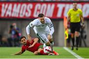 1 September 2021; Matt Doherty of Republic of Ireland is tackled by Bernardo Silva of Portugal during the FIFA World Cup 2022 qualifying group A match between Portugal and Republic of Ireland at Estádio Algarve in Faro, Portugal. Photo by Stephen McCarthy/Sportsfile