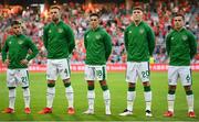 1 September 2021; Republic of Ireland players, from left, Aaron Connolly, Shane Duffy, Jamie McGrath, Dara O'Shea and Josh Cullen line-up before the FIFA World Cup 2022 qualifying group A match between Portugal and Republic of Ireland at Estádio Algarve in Faro, Portugal. Photo by Stephen McCarthy/Sportsfile