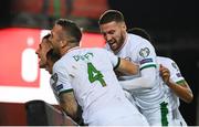 1 September 2021; John Egan, left, celebrates with Republic of Ireland team-mates, from second from left, Jamie McGrath, Shane Duffy and Matt Doherty, after scoring his side's first goal during the FIFA World Cup 2022 qualifying group A match between Portugal and Republic of Ireland at Estádio Algarve in Faro, Portugal. Photo by Stephen McCarthy/Sportsfile