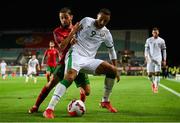 1 September 2021; Adam Idah of Republic of Ireland in action against Bernardo Silva of Portugal during the FIFA World Cup 2022 qualifying group A match between Portugal and Republic of Ireland at Estádio Algarve in Faro, Portugal. Photo by Stephen McCarthy/Sportsfile