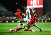 1 September 2021; Adam Idah of Republic of Ireland in action against Rúben Dias of Portugal during the FIFA World Cup 2022 qualifying group A match between Portugal and Republic of Ireland at Estádio Algarve in Faro, Portugal. Photo by Stephen McCarthy/Sportsfile