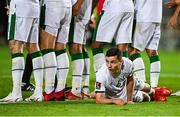 1 September 2021; Josh Cullen of Republic of Ireland lies behind his side's wall before a freekick during the FIFA World Cup 2022 qualifying group A match between Portugal and Republic of Ireland at Estádio Algarve in Faro, Portugal. Photo by Seb Daly/Sportsfile