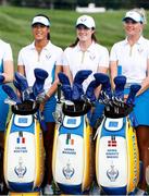 1 September 2021; Team Europe golfers, from left, Celine Boutier , Leona Maguire, Nanna Koerstz Madsen pose for a team photo during a practice round ahead of the 2021 Solheim Cup at the Inverness Club in Toledo, Ohio, USA. Photo by Brian Spurlock/Sportsfile