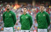 1 September 2021; Republic of Ireland players, from left, Shane Duffy, Jamie McGrath and Dara O'Shea before the FIFA World Cup 2022 qualifying group A match between Portugal and Republic of Ireland at Estádio Algarve in Faro, Portugal. Photo by Stephen McCarthy/Sportsfile