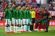 1 September 2021; Republic of Ireland players during Amhrán na bhFiann before the FIFA World Cup 2022 qualifying group A match between Portugal and Republic of Ireland at Estádio Algarve in Faro, Portugal. Photo by Seb Daly/Sportsfile