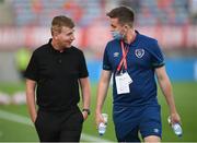1 September 2021; Republic of Ireland manager Stephen Kenny and Kieran Crowley, FAI communications executive, before the FIFA World Cup 2022 qualifying group A match between Portugal and Republic of Ireland at Estádio Algarve in Faro, Portugal. Photo by Stephen McCarthy/Sportsfile
