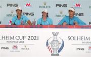 2 September 2021; Team Europe players, from left, Mel Reid, Leona Maguire and Charley Hull speak to the media at a press conference after a practice round ahead of the 2021 Solheim Cup at the Inverness Club in Toledo, Ohio, USA. Photo by Brian Spurlock/Sportsfile