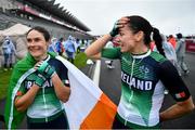 3 September 2021; Eve McCrystal, right, and Katie George Dunlevy of Ireland celebrate with the Irish tri-colour after winning gold in the Women's B road race at the Fuji International Speedway on day ten during the 2020 Tokyo Summer Olympic Games in Shizuoka, Japan. Photo by David Fitzgerald/Sportsfile