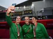 3 September 2021; Irish road cyclists, from left, Eve McCrystal, Richael Timothy, Katie George Dunlevy take a selfie at the Fuji International Speedway on day ten during the 2020 Tokyo Summer Olympic Games in Shizuoka, Japan. Photo by David Fitzgerald/Sportsfile