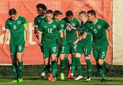 3 September 2021; Republic of Ireland players celebrate their side's first goal scored by team-mate Tyreik Wright, 18, during the UEFA European U21 Championship Qualifier match between Bosnia & Herzegovina and Republic of Ireland at FF BH Football Training Centre in Zenica, Bosnia. Photo by Fedja Krvavac/Sportsfile