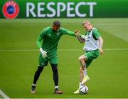 3 September 2021; Goalkeeper Gavin Bazunu and James McClean during a Republic of Ireland training session at the Aviva Stadium in Dublin. Photo by Stephen McCarthy/Sportsfile