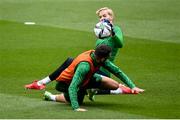 3 September 2021; Goalkeeper Caoimhin Kelleher saves from Troy Parrott during a Republic of Ireland training session at the Aviva Stadium in Dublin. Photo by Stephen McCarthy/Sportsfile