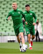 3 September 2021; Liam Scales and John Egan, right, during a Republic of Ireland training session at the Aviva Stadium in Dublin. Photo by Stephen McCarthy/Sportsfile