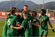 3 September 2021; Republic of Ireland players celebrate their second goal scored by team-mate Conor Coventry, 6, during the UEFA European U21 Championship Qualifier match between Bosnia & Herzegovina and Republic of Ireland at FF BH Football Training Centre in Zenica, Bosnia. Photo by Fedja Krvavac/Sportsfile