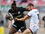 3 September 2021; Rotimi Segun of Saracens is tackled by Aaron Sexton of Ulster during the Pre-Season Friendly match between Ulster and Saracens at Kingspan Stadium in Belfast. Photo by Brendan Moran/Sportsfile