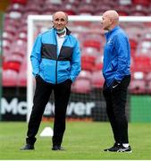 3 September 2021; Former Cork City player Phillip Long, left, in conversation with Athlone Town manager Paul Doolin before the SSE Airtricity League First Division match between Cork City and Athlone Town at Turners Cross in Cork. Photo by Michael P Ryan/Sportsfile