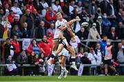 3 September 2021; Craig Gilroy of Ulster and Alex Lewington of Saracens contest a high ball in front of crowds during the Pre-Season Friendly match between Ulster and Saracens at Kingspan Stadium in Belfast. Photo by Brendan Moran/Sportsfile