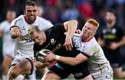 3 September 2021; Aled Davies of Saracens is tackled by Aaron Sexton, left, and Nathan Doak of Ulster during the Pre-Season Friendly match between Ulster and Saracens at Kingspan Stadium in Belfast. Photo by Brendan Moran/Sportsfile