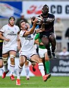 3 September 2021; Aaron Sexton of Ulster and Rotimi Segun of Saracens attempts to catch a high ball during the Pre-Season Friendly match between Ulster and Saracens at Kingspan Stadium in Belfast. Photo by Brendan Moran/Sportsfile