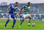 3 September 2021; Graham Burke of Shamrock Rovers in action against Shane McEleney of Finn Harps during the SSE Airtricity League Premier Division match between Finn Harps and Shamrock Rovers at Finn Park in Ballybofey, Donegal. Photo by Ben McShane/Sportsfile
