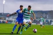 3 September 2021; Aaron Greene of Shamrock Rovers in action against Adam Foley of Finn Harps during the SSE Airtricity League Premier Division match between Finn Harps and Shamrock Rovers at Finn Park in Ballybofey, Donegal. Photo by Ben McShane/Sportsfile