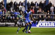 3 September 2021; Will Seymore of Finn Harps in action against Richie Towell of Shamrock Rovers during the SSE Airtricity League Premier Division match between Finn Harps and Shamrock Rovers at Finn Park in Ballybofey, Donegal. Photo by Ben McShane/Sportsfile