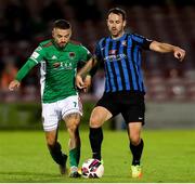 3 September 2021; Dylan McGlade of Cork City in action against Kurtis Byrne of Athlone Town during the SSE Airtricity League First Division match between Cork City and Athlone Town at Turners Cross in Cork. Photo by Michael P Ryan/Sportsfile