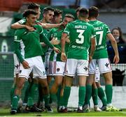 3 September 2021; Dylan McGlade of Cork City, centre, celebrates after scoring his side's third goal during the SSE Airtricity League First Division match between Cork City and Athlone Town at Turners Cross in Cork. Photo by Michael P Ryan/Sportsfile